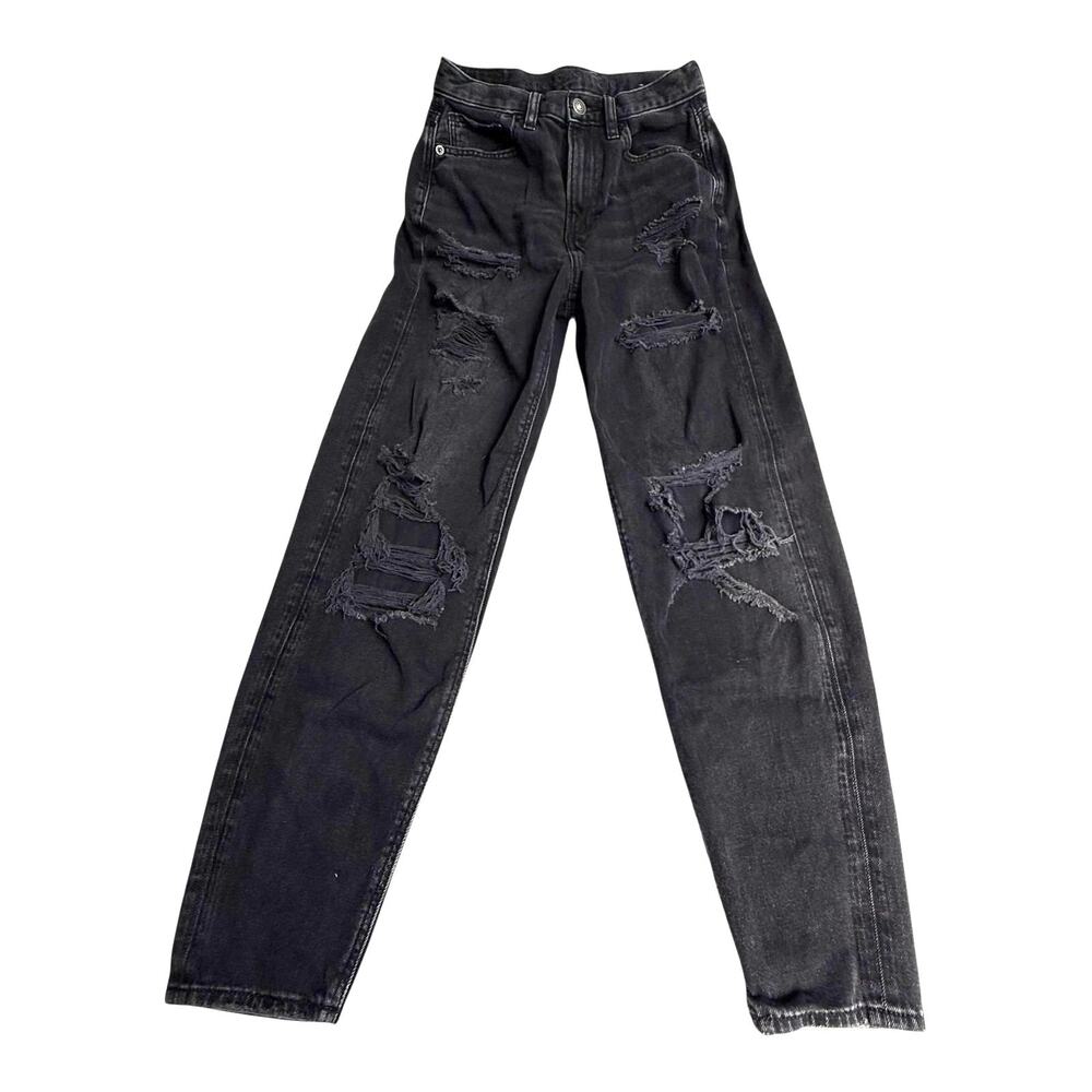 American Eagle Black Mom Jeans Distressed 5 Pocket Womens 00 Denim Cotton 24x27
